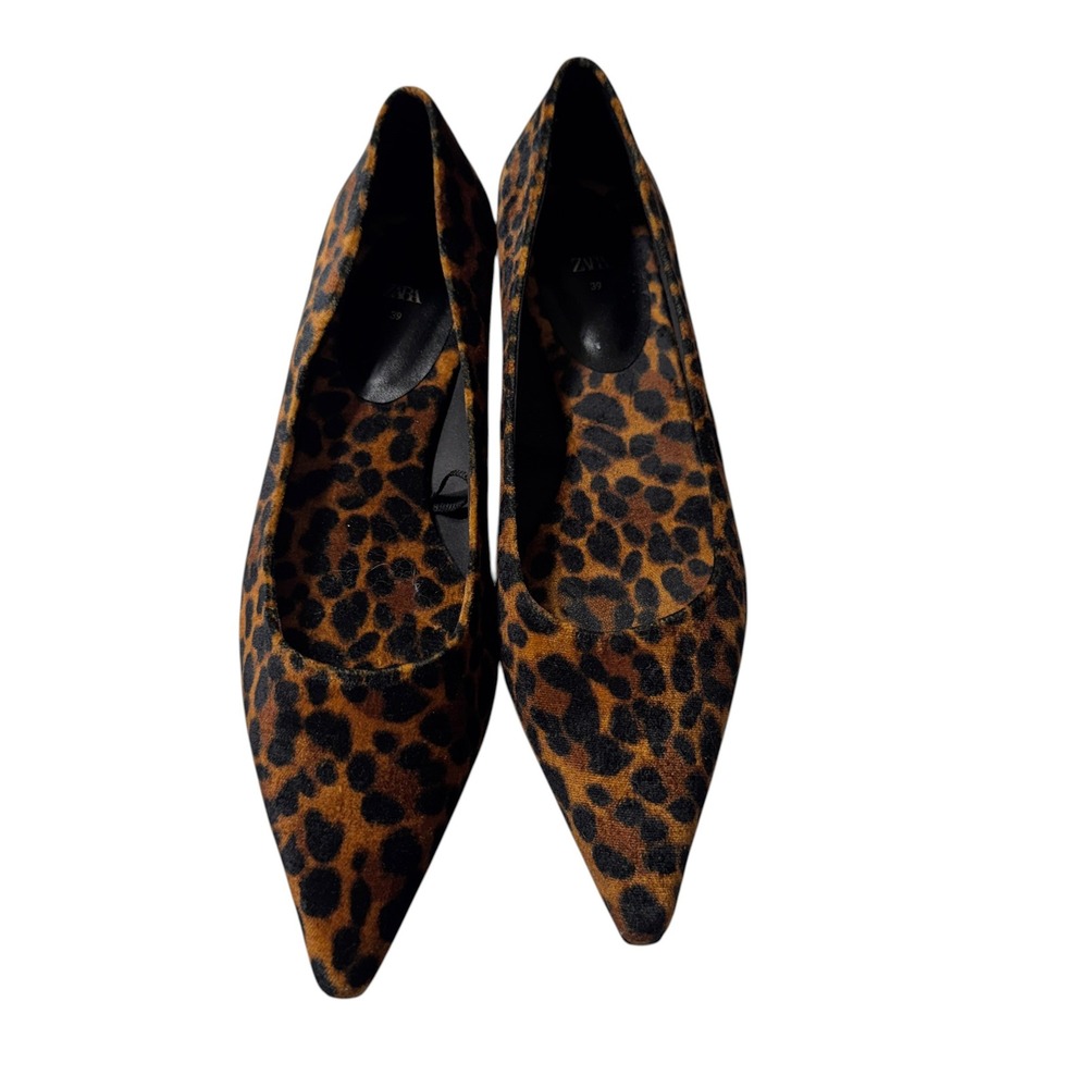 Zara Pointed Toe Flats Womens 39 Leopard Brown Excellent Velvet Animal Print